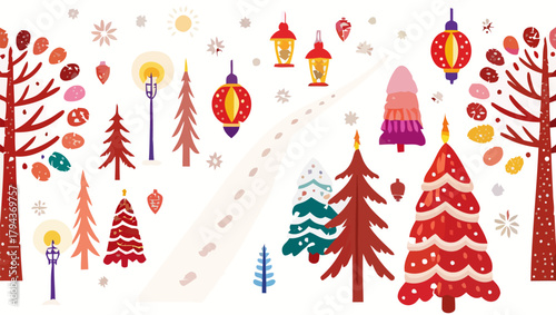 Illustration of winter landscape with trees lanterns and snowflakes on a white background