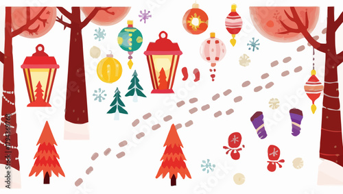 Winter scene with christmas trees lanterns ornaments and footprints in the snow illustration