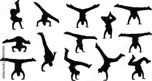 Breakdance and acrobatic handstand silhouettes showing street dance power moves, dynamic freestyle poses with athletic balance and strength on white