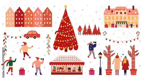 Festive christmas market scene with decorated tree buildings and people enjoying winter activities outdoors