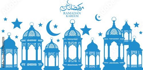 Traditional islamic lanterns and crescent moon decorations for ramadan and eid celebrations
