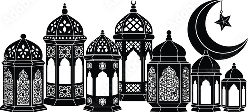 Collection of ornate islamic lanterns and crescent moon with star silhouette on white background