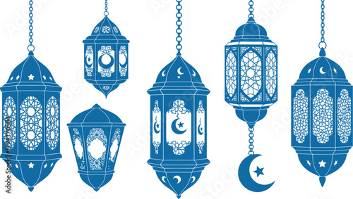Collection of intricately designed blue islamic lanterns with crescent moons and stars hanging