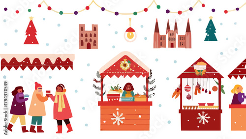 Illustration of a christmas market with people, stalls, buildings, and festive decorations all around