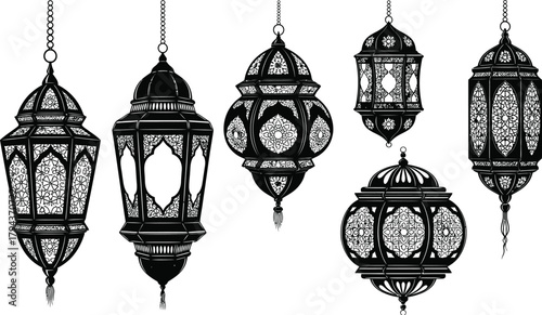 Collection of ornate vintage islamic lanterns with intricate patterns hanging against a white background