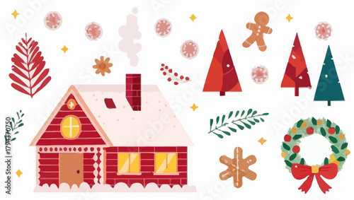 Illustration of a cozy christmas house scene with trees and gingerbread cookies and festive wreath