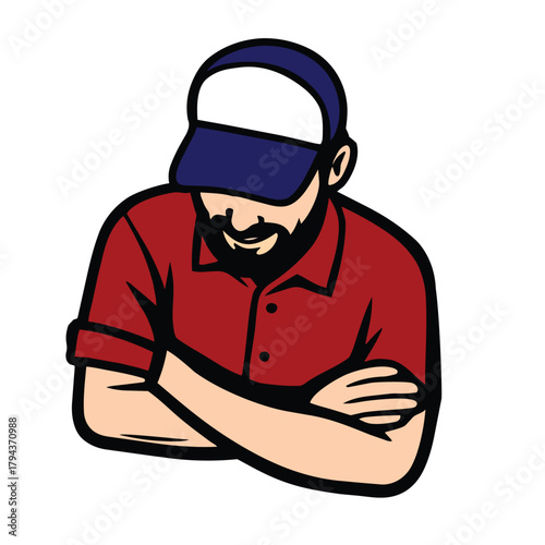Vibrant vector art featuring a friendly character, a man with a beard, donned in a red shirt and cap, arms crossed, exuding a casual and approachable demeanor