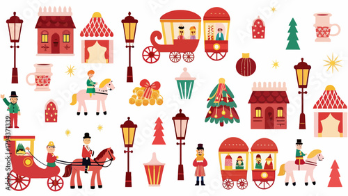 Illustration of christmas themed elements including houses, carriages, and people on horses