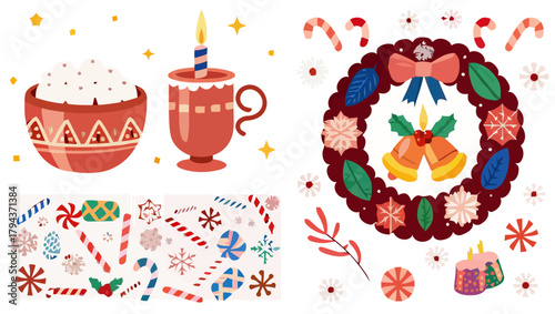 Illustration featuring christmas themed elements like a wreath, candy canes, hot cocoa, and other festive items