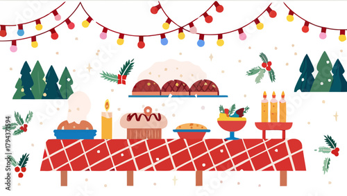 Festive christmas table with food decorations candles and lights celebrating the holiday season design