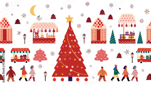 Festive christmas market scene with decorated tree and people walking in a winter wonderland design