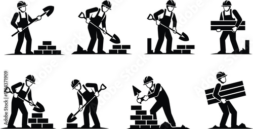 Construction worker silhouettes doing masonry with shovels and bricks, carrying planks, building site labor tasks, safety helmet, black figures on white
