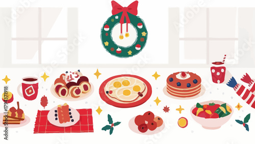 Festive christmas breakfast scene with wreath and various breakfast foods on a white table top view