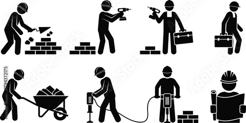 Construction worker silhouettes performing bricklaying, drilling, wheelbarrow loading, jackhammer operation, toolbox carrying, and blueprint reading, safety helmets, black figures on white