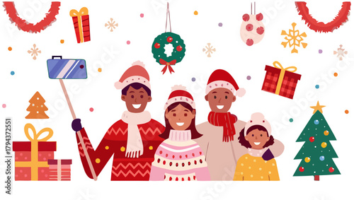 A family taking a christmas selfie with a selfie stick in front of a christmas tree and gifts