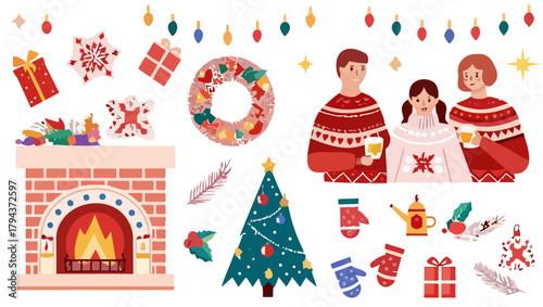 Festive christmas scene with family by fireplace and decorated tree with gifts and wreath hanging above