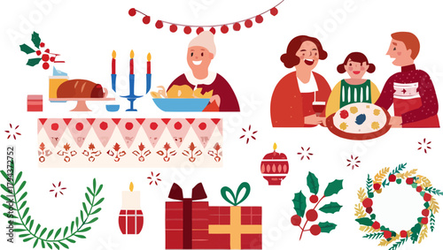 Festive holiday scene featuring a family gathered around a decorated table with gifts and food items