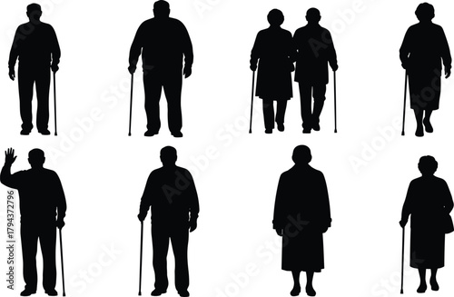 Elderly people silhouettes with walking canes in standing, waving, and paired poses, senior citizens set, healthcare mobility support theme on white
