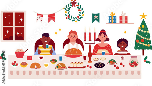Festive christmas dinner with diverse people around a table full of food and decorations