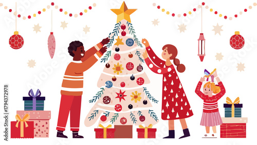 A group of children are decorating a christmas tree with ornaments and gifts with a star on top of it