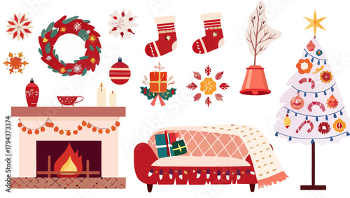 Illustration of a cozy christmas scene with fireplace tree and other holiday decorations