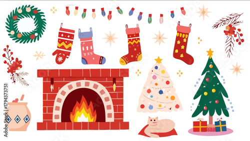 A cozy christmas scene featuring a fireplace christmas trees stockings and a cat lying on a rug