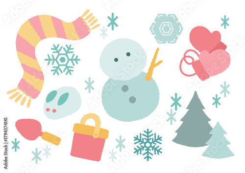 くすみカラーのベクター冬素材セット