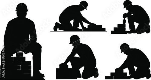 Silhouette set of construction workers kneeling and stacking bricks, masonry labor with hard hats, careful craftsmanship poses, black figures on whitev