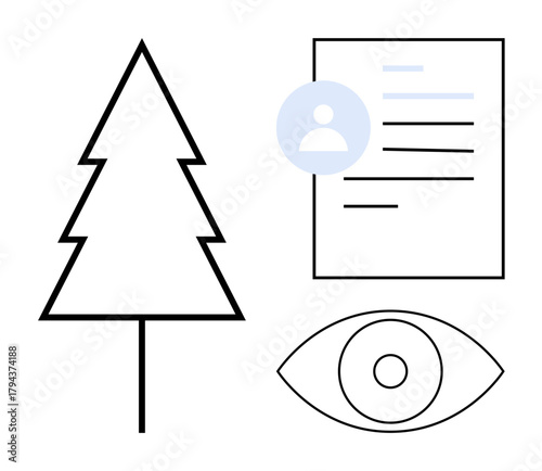 Tree, document with user profile, and eye graphic symbolize nature conservation, user data privacy, awareness, monitoring, documentation, and eco-consciousness. Ideal for ecology transparency
