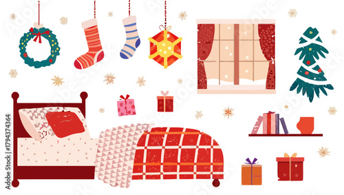 Festive christmas bedroom scene with bed gifts tree and hanging decorations in a cozy setting