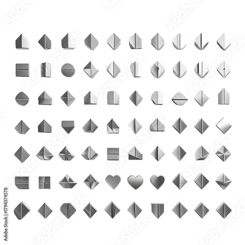 Metal shapes grid of glossy, geometric figures on a black backdrop