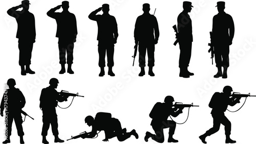 Soldier silhouettes saluting and aiming rifles in standing, kneeling and crawling combat poses, military personnel set for warfare training on white