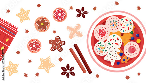 Festive holiday baking scene with star cookies cinnamon sticks and colorful sprinkles scattered around it