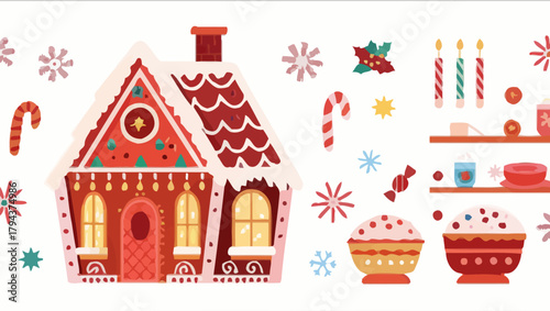 Christmas card with a fireplace with different decorative items for Christmas