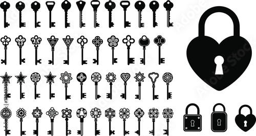 Vintage and modern key silhouettes with heart padlock icons, decorative locksmith set, security and love symbol collection on white background