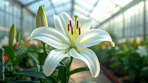 Close Up Of A White Lily Flower With Dew Drops In A Greenhouse With Bright Sunlight