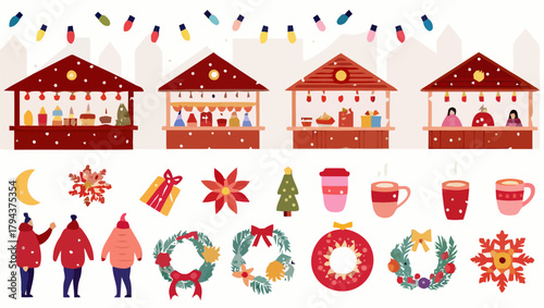 vector set of christmas decorative and eating items, cookies, cakes