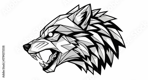Geometric wolf head illustration with sharp angles and intense expression.
