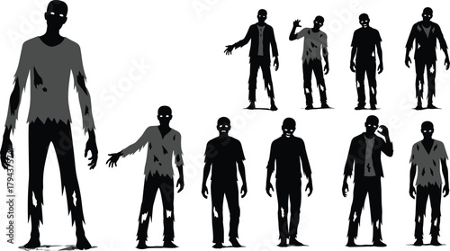 Zombie silhouettes in various creepy poses with tattered clothes and glowing eyes, undead horror character set for Halloween on white background