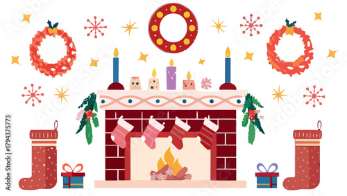 Christmas table full of candles and gifts, happy birthday candles