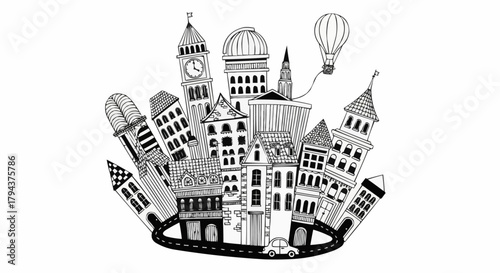 Whimsical Hand Drawn Cityscape with Iconic Buildings and Hot Air Balloon.