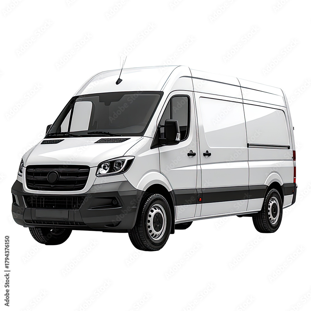 Naklejka premium White cargo van, side view, isolated on black background, transportation, delivery, commercial vehicle