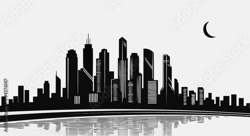 City skyline silhouette at dusk with moon and reflection on water surface.