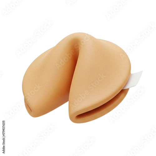Close up studio shot of a fortune cookie with its white paper slip sticking out, isolated on a white background, conveying mystery and anticipation