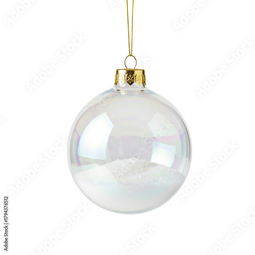 A perfectly spherical, iridescent Christmas ornament with a golden cap and loop, containing transparent snow, against a transparent background, showcasing elegance and festive serenity