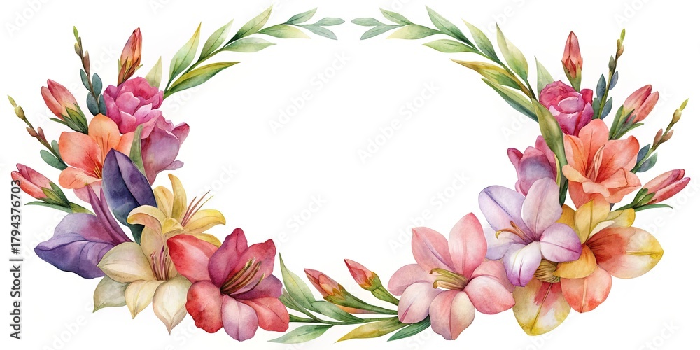 Fototapeta premium Watercolor floral wreath with colorful flowers and green leaves for frame.