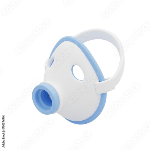 3D rendered illustration of a white and blue pediatric nebulizer mask, essential medical equipment for respiratory therapy and child health care, isolated on a clean white background