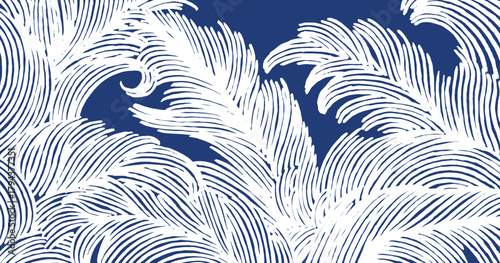 Hand drawn abstract flowing brush line, a dense stylized foliage pattern in white and blue. Japanese and tribal wood carving, block print texture background for textile, carpet, decoration