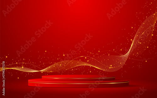 Red podium with elegant gold wave lines on the back for advertisement display. Display of cosmetic products. Stage or podium. vector illustration	