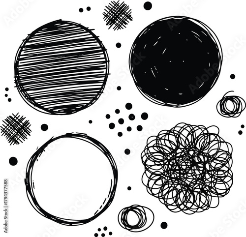 Hand drawn brush round vector set. Crayon pencil brush stroke black round shape. Scribble sketch hand drawn crayon, ink splash, rough dot texture circle elements. Vector illustration 